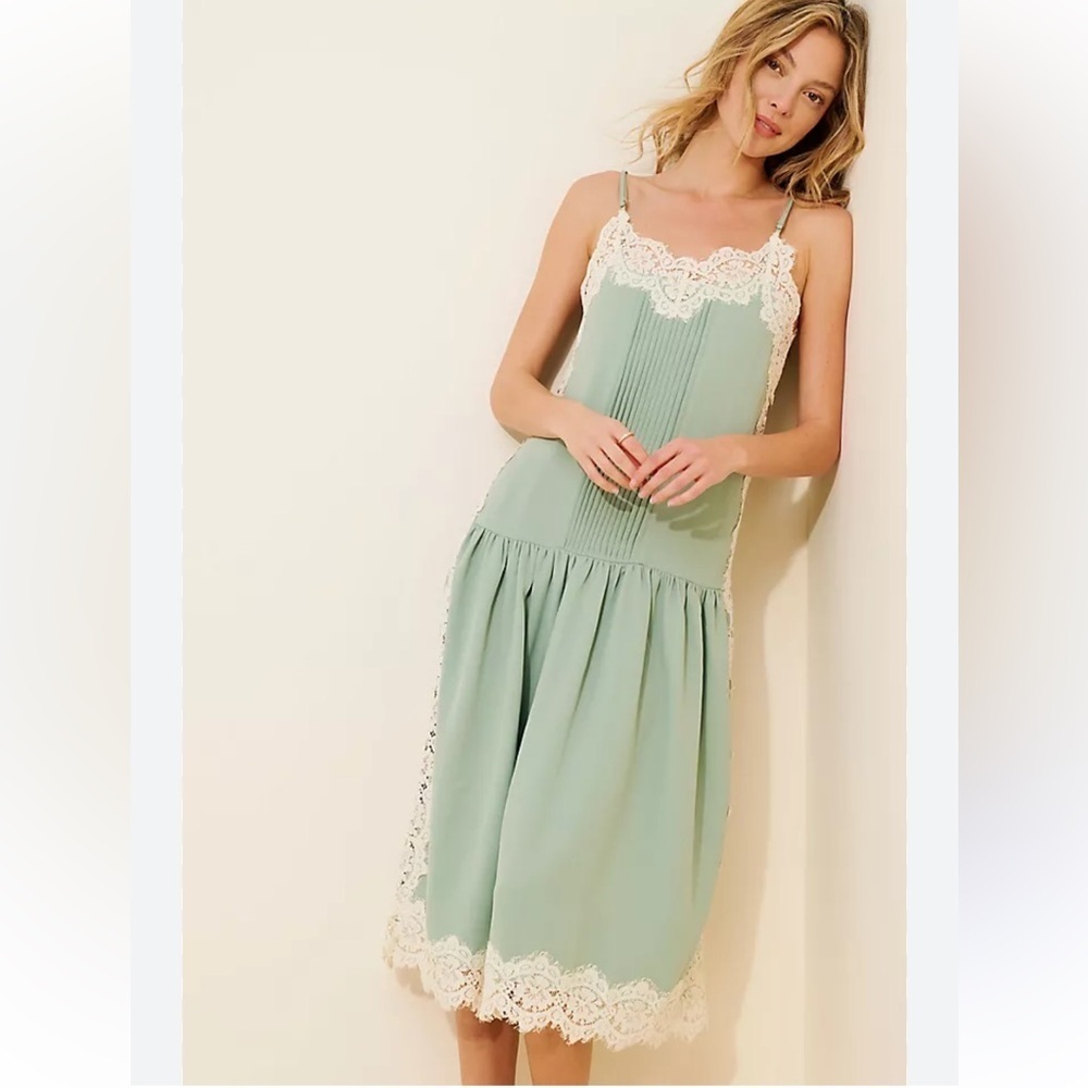 Anthropologie Avantlook Green Lace Camisole Pleated Midi Dress Size S